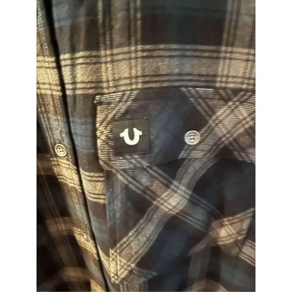 True Religion Triple Needle Plaid Blue Black Gray Flannel Button Down Shirt sz X